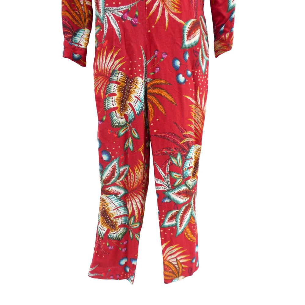 Farm Rio Red Tropical Winterleaf Jumpsuit Deep V Long Sleeve Slant Pockets M - Picture 5 of 10